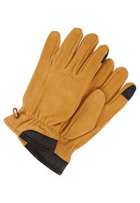 Brune læderhandsker med fem fingre, med en sort lædermanchet og justerbar håndledslukning. Glat tekstur med syede detaljer.
