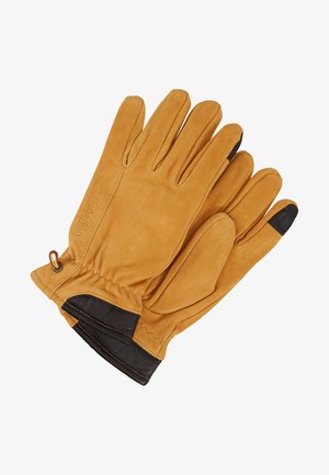 Bruna läderhandskar med fem fingrar, som har en svart lädermanschett och justerbar handledsrem. Slät textur med sömmar.