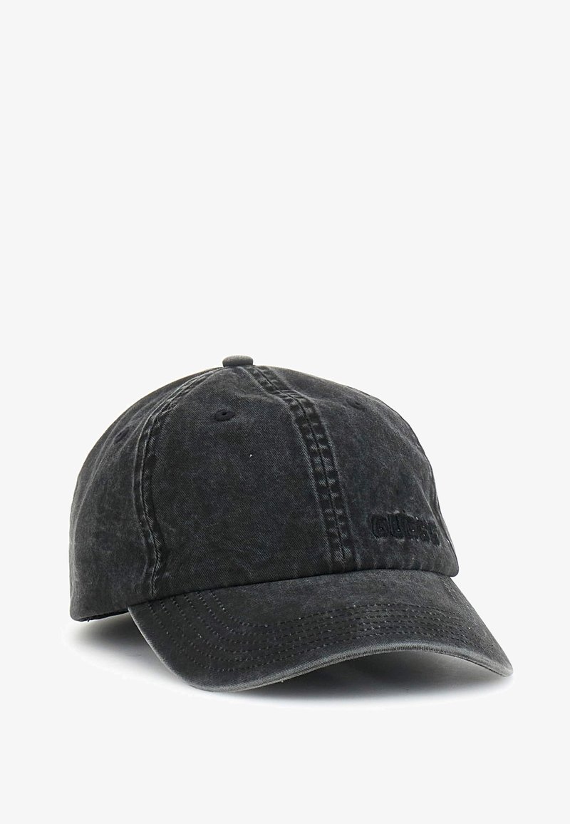 Black cotton baseball cap with a distressed finish, curved brim, and embroidered logo on the front. Features stitched accents and ventilation holes.