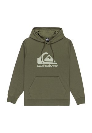 Olivovo zelená mikina s kapucňou vyrobená z jemnej tkaniny, s prednou klokanou vreckom, viazaním na kapucni a výrazným bielym logom Quiksilver.