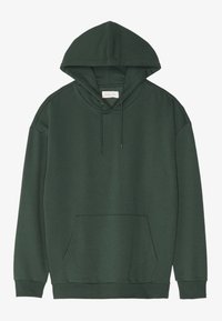 Hanorac verde închis, fabricat dintr-un material moale. Are un buzunar frontal tip pouch, glugă cu șnur și mansete și tiv ribed.