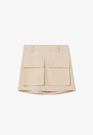 Beiger Rock mit zwei großen Fronttaschen, aus glattem Stoff, mit strukturierter Optik, Bund und einem leicht ausgestellten Saum.