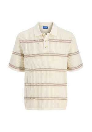 Cream-colored knit polo shirt with short sleeves, featuring brown horizontal stripes, a three-button placket, and ribbed collar and cuffs.