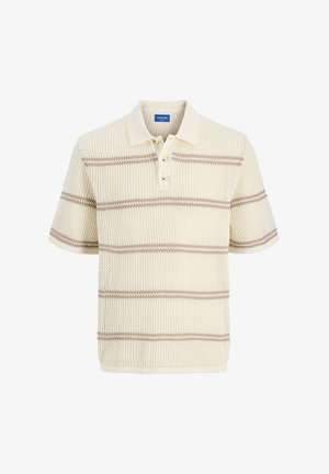 Cream-colored knit polo shirt with short sleeves, featuring brown horizontal stripes, a three-button placket, and ribbed collar and cuffs.