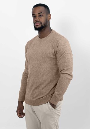 Beige gebreide trui met een ronde hals, geribbelde boorden en zoom. Draag hem met lichte broek, met een gladde textuur.