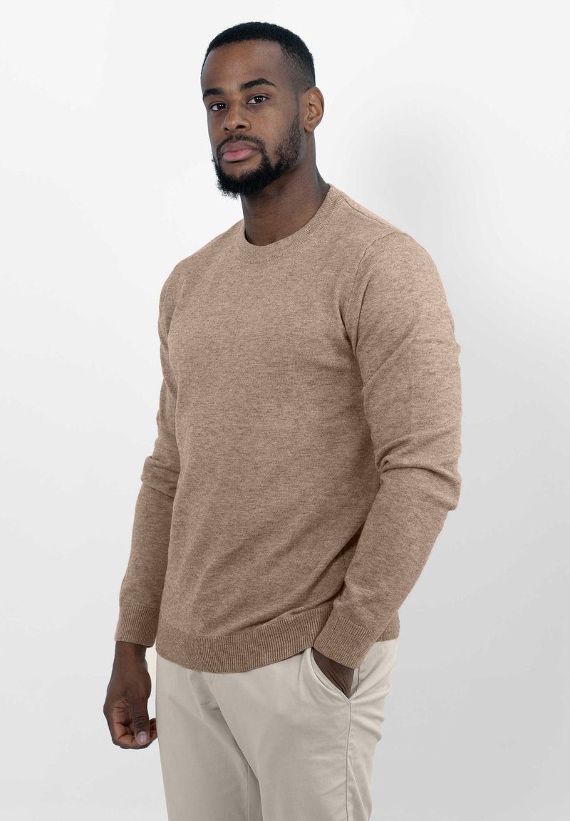 Beige gebreide trui met een ronde hals, geribbelde boorden en zoom. Draag hem met lichte broek, met een gladde textuur.