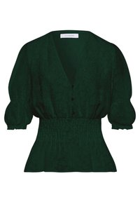 Blusa verde scuro con scollo a V, maniche a sbuffo corte, vita arricciata e texture in pizzo floreale. Presenta cinque bottoni neri sul davanti.