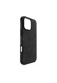 Coque de smartphone noire avec une surface texturée ornée de petits accents scintillants. Design fin avec des découpes pour les boutons et l'appareil photo.