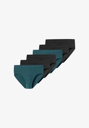 Fünf Paar Slips; zwei in dunklem Türkis mit vertikalen Streifen und drei in einfarbigem Schwarz. Glattes Gewebe, mittlere Leibhöhe und elastischer Bund.