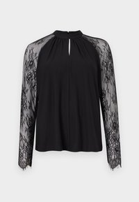 Black blouse featuring a keyhole neckline and long sheer lace sleeves with floral patterns. The main fabric is smooth and lightweight.