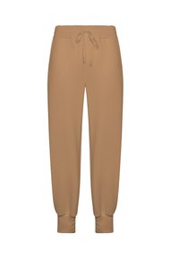 Pantalones jogger beige con cintura elástica, cordón y tobillos con puño. Textura suave con un ajuste relajado para mayor comodidad.