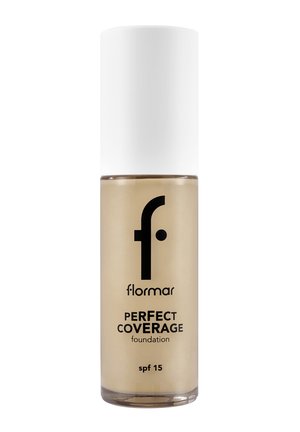 Flormar Perfect Coverage foundation bottle with white cap, beige liquid inside, SPF 15, standing upright on white background.