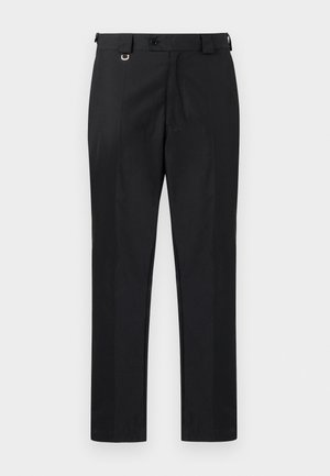 Pantalons tailleur noirs avec une coupe droite, comprenant une fermeture à boutons et des passants de ceinture. Texture lisse avec un minimum de détails.