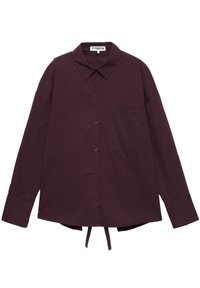 Cămașă button-up cu mâneci lungi de culoare violet închis, cu guler, buzunar pe piept și cordoane ajustabile la tiv.