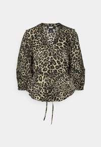 Blouse imprimé léopard avec un col en V, une taille élastique et des manches bouffantes. Fabriquée en tissu léger et texturé aux nuances de beige et de noir.