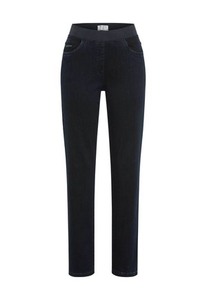 Dunkelblaue Denimhosen haben einen dehnbaren schwarzen Bund, zwei vordere Taschen mit subtilen kontrastierenden Nähten und ein schlankes, gerades Bein-Design.