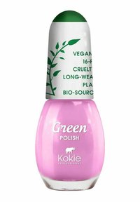 Rosa nagellackflaska med ett rundat vitt lock med gröna löv grafik; märkt "Green Polish" av Kokie Professional.