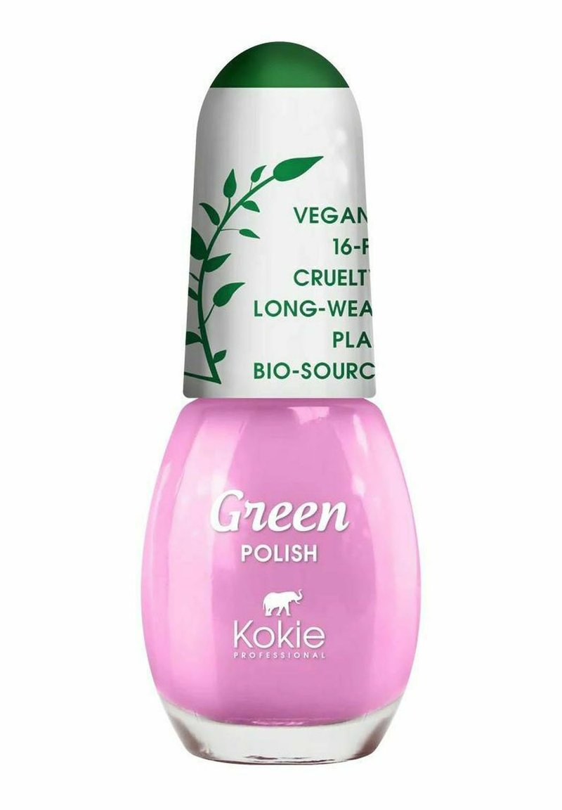 Rosa nagellackflaska med ett rundat vitt lock med gröna löv grafik; märkt "Green Polish" av Kokie Professional.