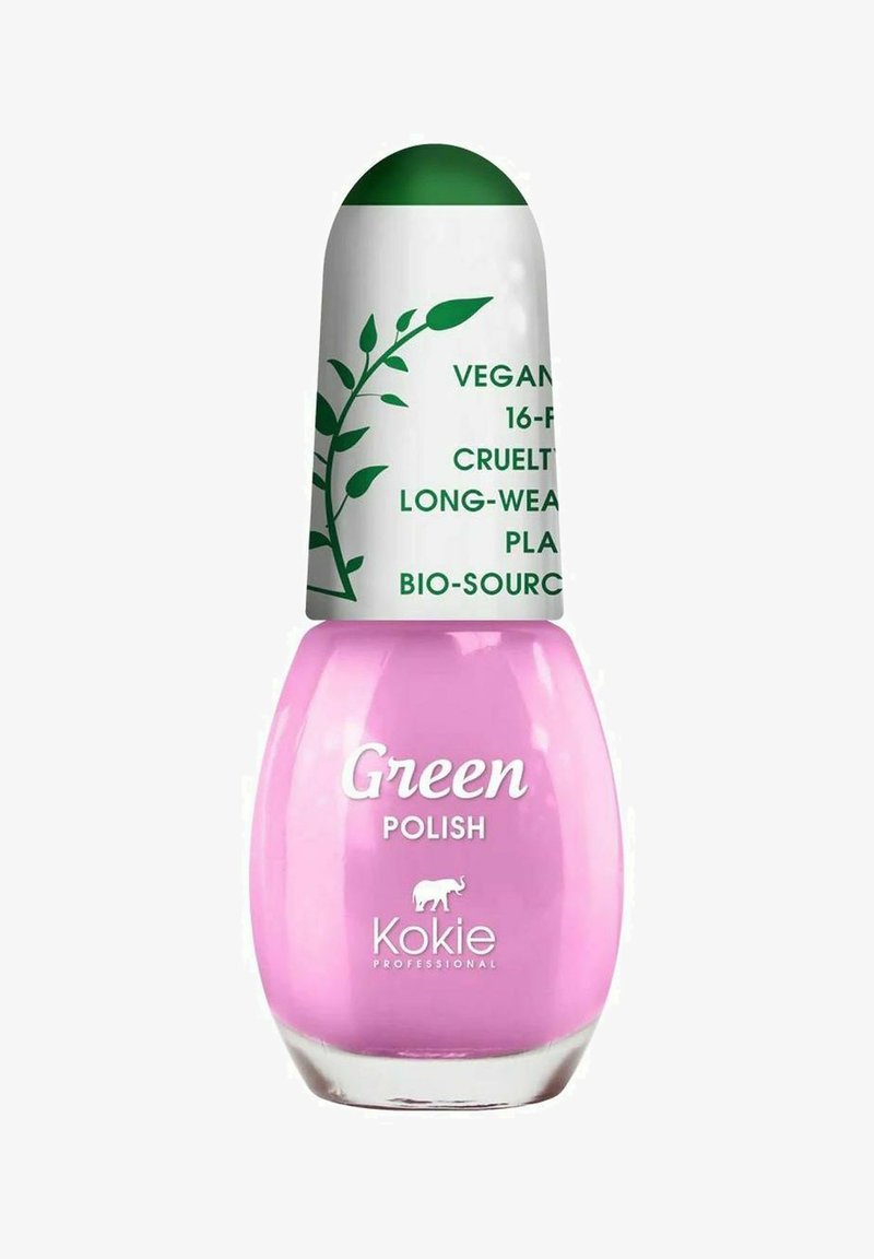 Vaaleanpunainen kynsilakkapullo, jossa on pyöreä valkoinen korkki, jossa on vihreitä lehtigrafiikoita; etiketti "Green Polish" merkiltä Kokie Professional.