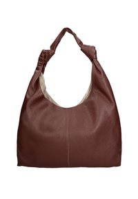 Sac à épaule en cuir marron avec une sangle nouée et un intérieur en tissu beige, présenté sur un fond blanc.