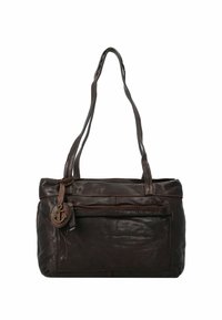 Sac à main en cuir marron avec deux anses, une poche zippée sur le devant et un pendentif en forme d'ancre. Texture lisse ; forme rectangulaire avec des accents cousus.