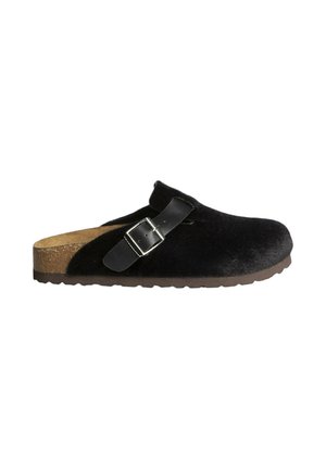 Zueco negro con una parte superior de textura suave, hebilla negra ajustable, plantilla de corcho y suela externa de goma marrón duradera. Diseño minimalista.