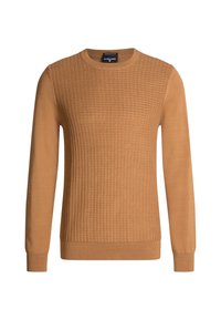 Brauner Strickpullover mit strukturiertem Vorderseite, glatten Ärmeln und rundem Halsauschnitt. Mit gerippten Bündchen und Saum.