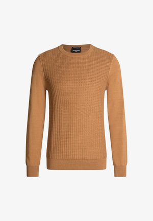 Brauner Strickpullover mit strukturiertem Vorderseite, glatten Ärmeln und rundem Halsauschnitt. Mit gerippten Bündchen und Saum.