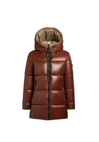 Bruine pufferjas met een glanzende buitenkant, ritssluiting en een oversized capuchon. Voorzien van zijzakken en een contrasterende lichtgekleurde voering.