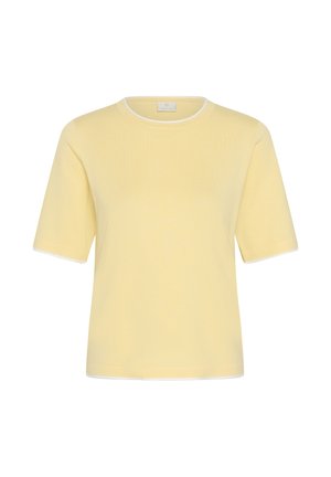 Hele kollase tooniga lühikeste varrukatega kootud pluus, millel valged äärised varrukate ja kaeluse juures, ümarseljaga ning sirge äärega.