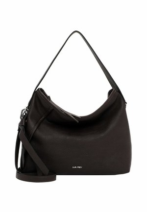 Sac à main en cuir perforé brun avec une forme décontractée, une bandoulière unique et une sangle longue amovible. Caractéristiques : accents en métal argenté.