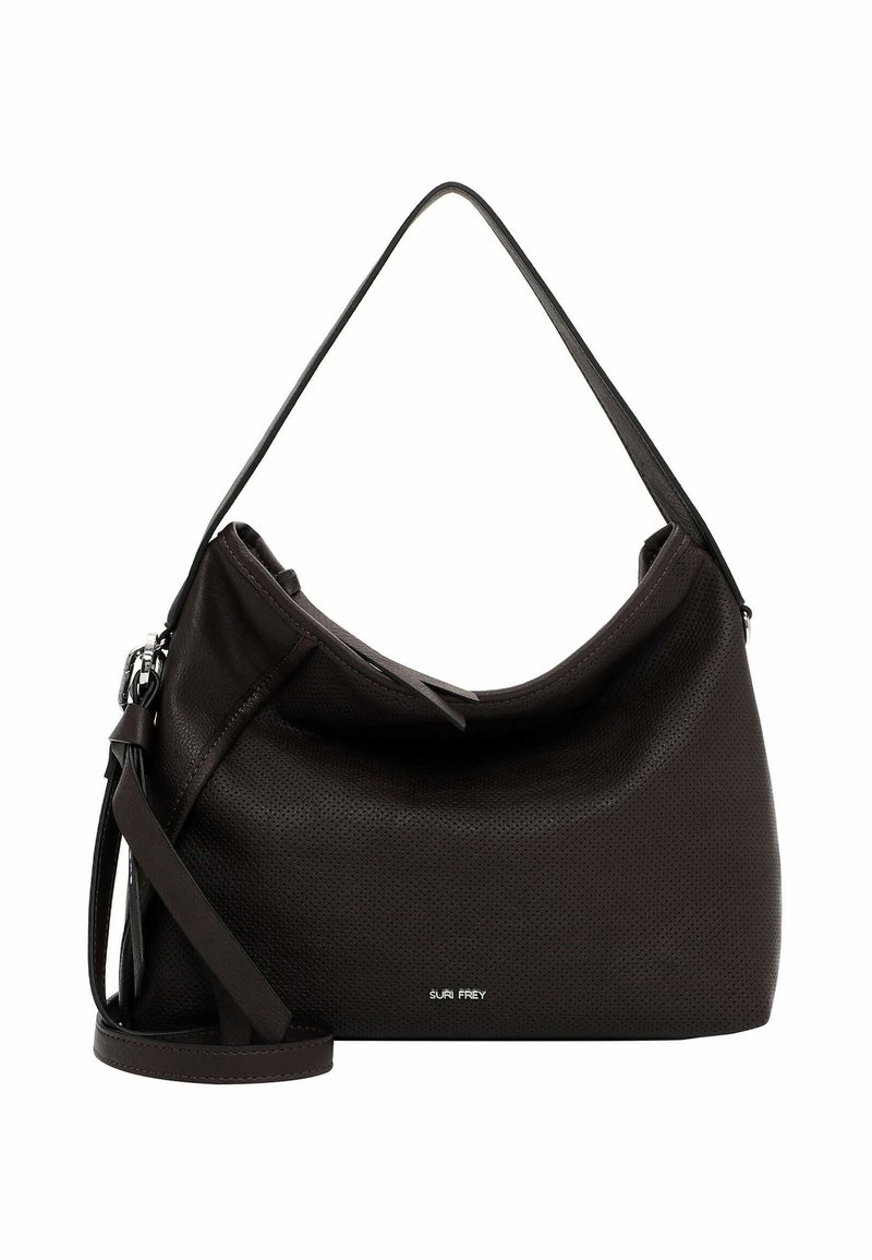 Sac à main en cuir perforé brun avec une forme décontractée, une bandoulière unique et une sangle longue amovible. Caractéristiques : accents en métal argenté.