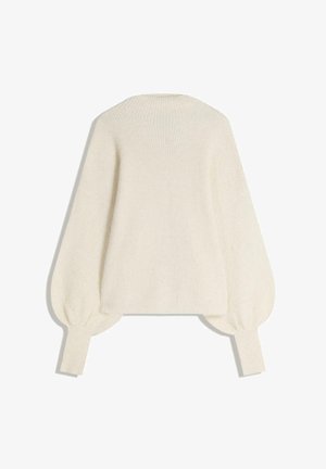 Krémový sveter s rebrovanou textúrou, balónovými rukávmi a priliehajúcimi manžetami. Dizajn obsahuje jednoduchý, zaoblený výstrih.