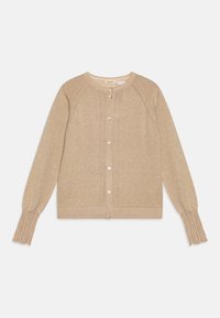 Béžový pletený cardigan s okrúhlym výstrihom, zapínaním na gombíky a rebrovanými rukávmi s čipkovými detailmi pozdĺž švov. Mäkkučká textura.