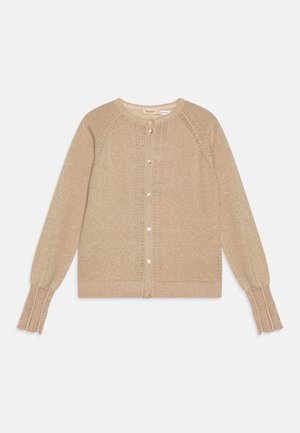 Beige gestrickte Strickjacke mit Rundhalsausschnitt, Knopfverschluss und gerippten Ärmeln, die mit Spitze entlang der Nähte verziert sind. Weiche Textur.