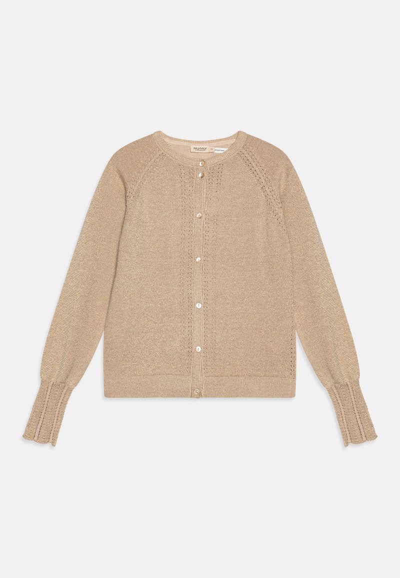 Beige knit cardigan with a round neck, button closure, and ribbed sleeves featuring lace detailing along the seams. Soft texture.