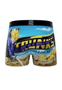 Boxers pour hommes arborant des couleurs vives bleu, jaune et brun, mettant en scène un personnage brandissant une épée sur un fond désertique.