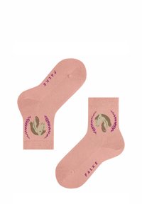 Rosa Baumwollsocken mit einem Pferde- und Faultier-Design, umgeben von lila Akzenten. Markenname "FALKE" in lila Schrift dargestellt.