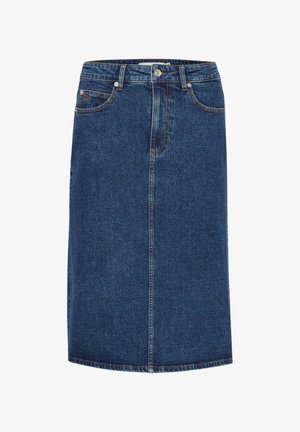 Jupe en denim bleu foncé, de longueur genou et à coupe droite. Équipée de cinq poches, fermeture à bouton sur le devant et couture contrastante.