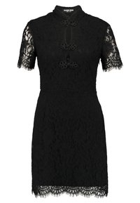 Black lace dress with short sleeves, high neckline, floral accents, and keyhole detail. Features a scalloped hem and textured fabric.