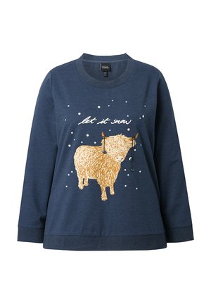 Donkerblauwe sweatshirt met lange mouwen, voorzien van een textuur, gouden koeienafbeelding en de tekst "laat het sneeuwen" in het wit.