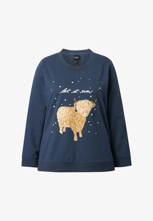 Donkerblauwe sweatshirt met lange mouwen, voorzien van een textuur, gouden koeienafbeelding en de tekst "laat het sneeuwen" in het wit.