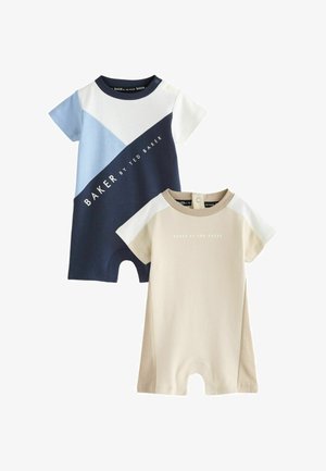 Kaksi lyhythihaista vauvanhaalaria; toinen laivastonsininen, valkoinen ja sininen, jossa vino teksti, toinen beige valkoisilla hihoilla ja pienellä rintatekstillä.