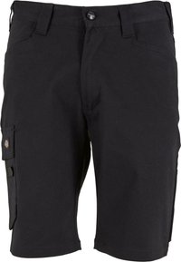 Bermuda cargo nere realizzate in tessuto resistente, con tasche laterali, chiusura con bottone e design a gamba dritta con dettagli di cucitura discreti.