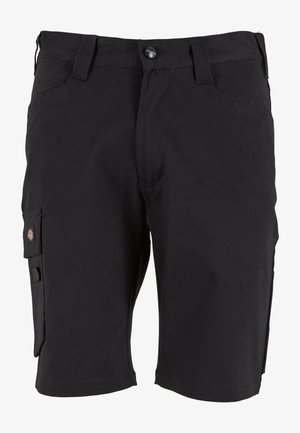 Czarne spodenki cargo wykonane z trwałego materiału, z bocznymi kieszeniami, zapięciem na guzik oraz prostym krojem nogawek z subtelnymi detalami w szwie.