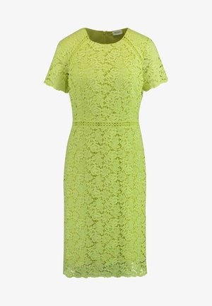 Vestito in pizzo di un luminoso verde lime, maniche corte, silhouette aderente, motivo floreale, orlo scallopato, chiusura con zip sul retro.