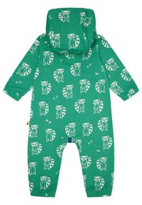 Grüner Jumpsuit mit Waschbär-Druck, ausgestattet mit Kapuze, langen Ärmeln, elastischen Bündchen und einer weichen Stofftextur. Bemerkenswerte Details sind Pilze.