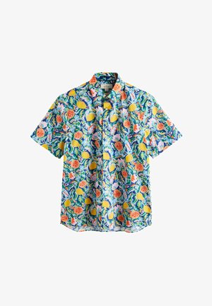 Lühikeste varrukatega pluus, millel on värvikas sidruni, apelsini ja rohelise lehega muster sinise ja valge taustal.