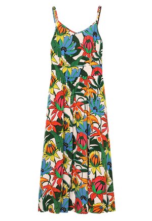Kwiatowa sukienka maxi z kolorowym tropikalnym nadrukiem. Posiada cienkie ramiączka, dopasowaną górę i rozszerzaną spódnicę. Materiał wydaje się lekki i gładki.