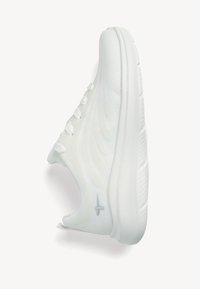 White athletic shoe with a textured mesh upper, contrasting laces, and a cushioned sole. Features a subtle logo on the side.